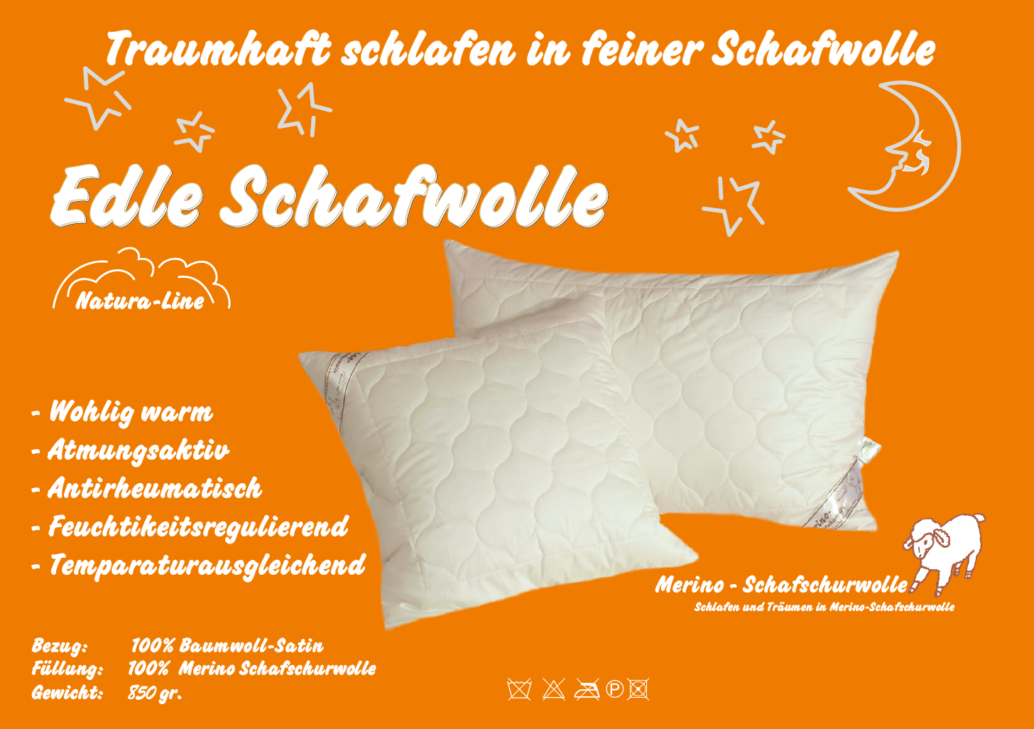 Schafwoll-Satin Kissen mit edler Schafwolle, Grösse 65x100cm – Duvet König