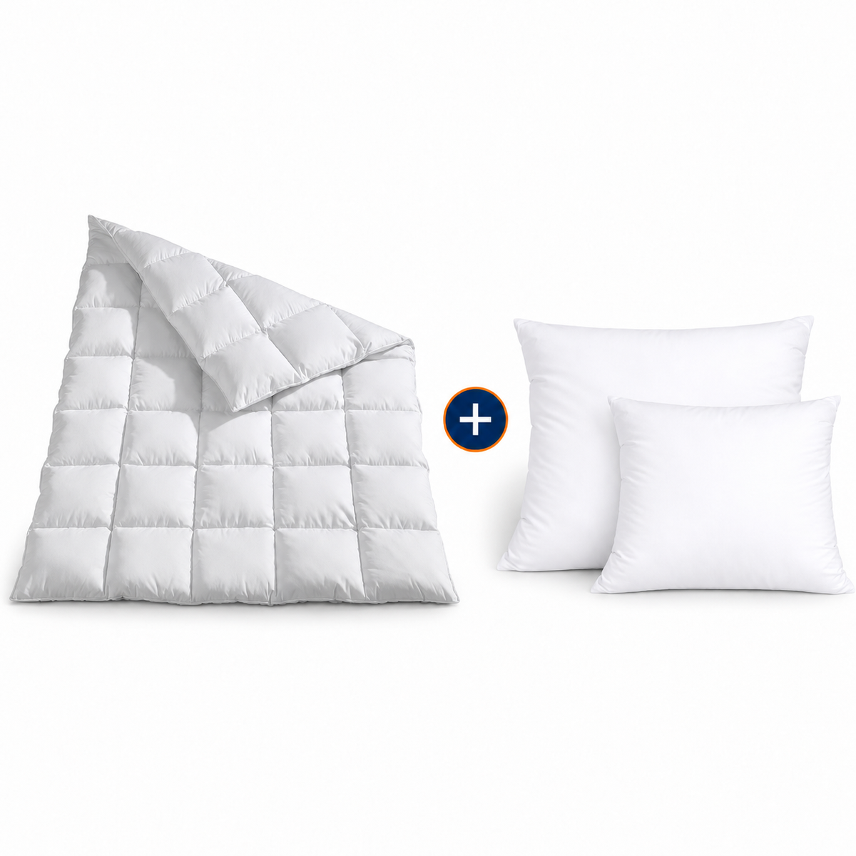 Elegance Winter Daunenduvet Set mit zwei Daunenkissen auf weissem Hintergrund