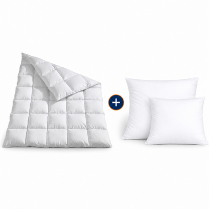 Elegance Winter Daunenduvet Set mit zwei Daunenkissen auf weissem Hintergrund