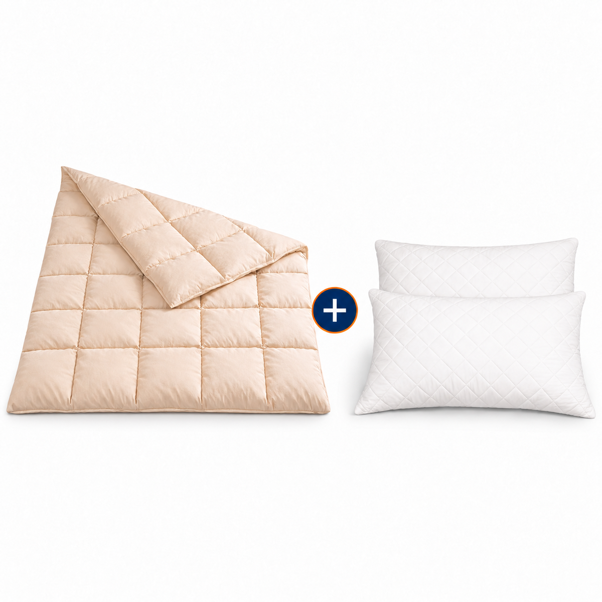 Schafwoll Natur-Set mit zwei Schafwoll-Satin Kissen auf weissem Hintergrund